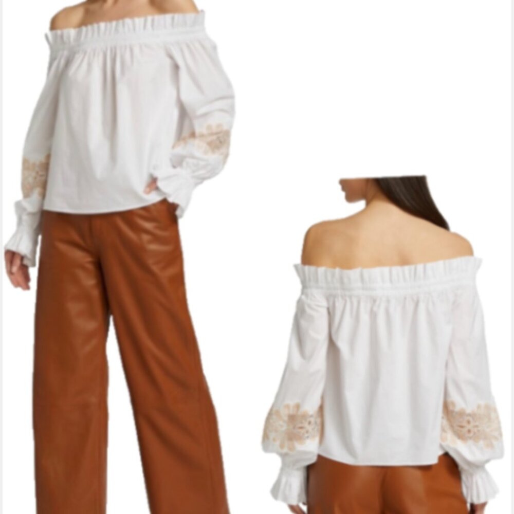 RAMY BROOK Quinn Embroidered Off the Shoulder Stretch Cotton Blouse NWT Sz S